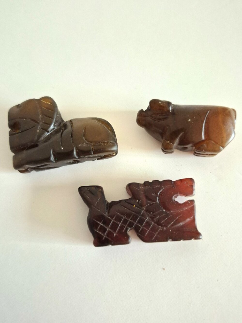 Three Asian Brown Agate Hand-Carved Charms - Lion, Dragon and Pig